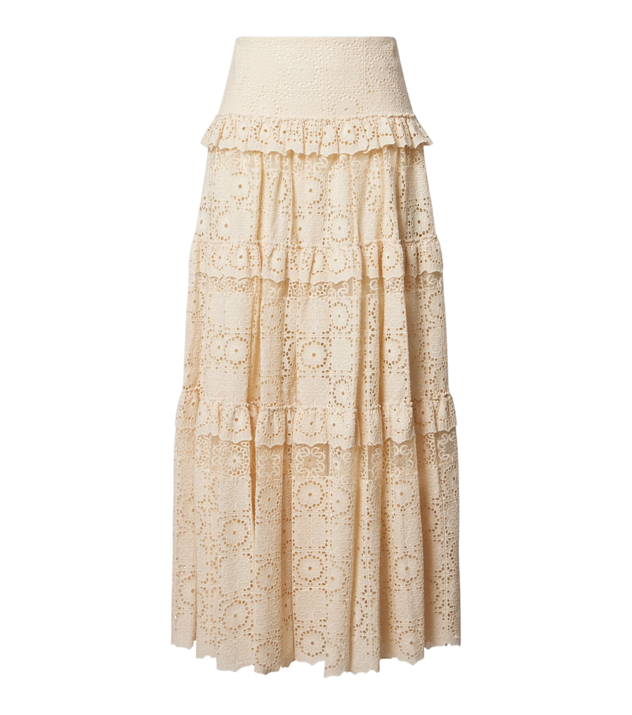 Falda larga de Elie Saab en mezcla de algodón y seda con encaje de guipur