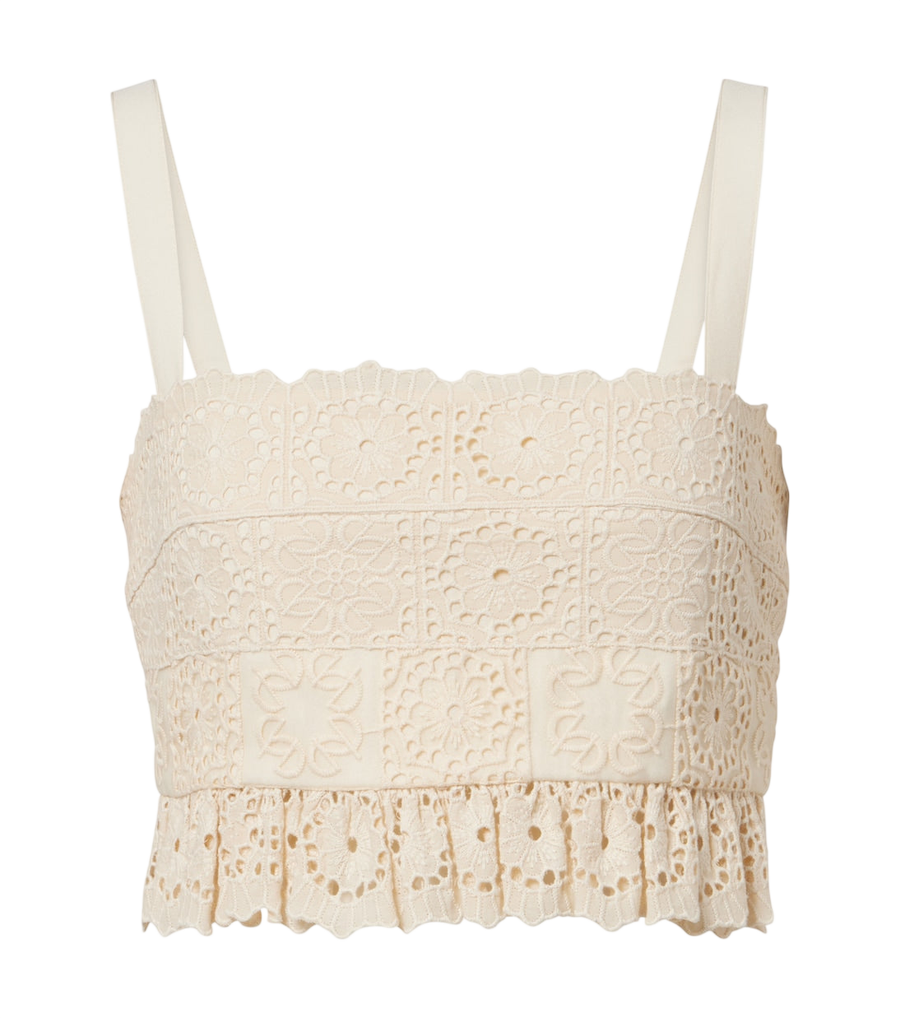 Elie Saab Top cropped de algodão e seda com babados e renda guipure