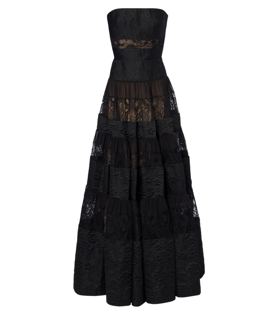 Robe longue en jacquard floral à finitions en dentelle Elie Saab