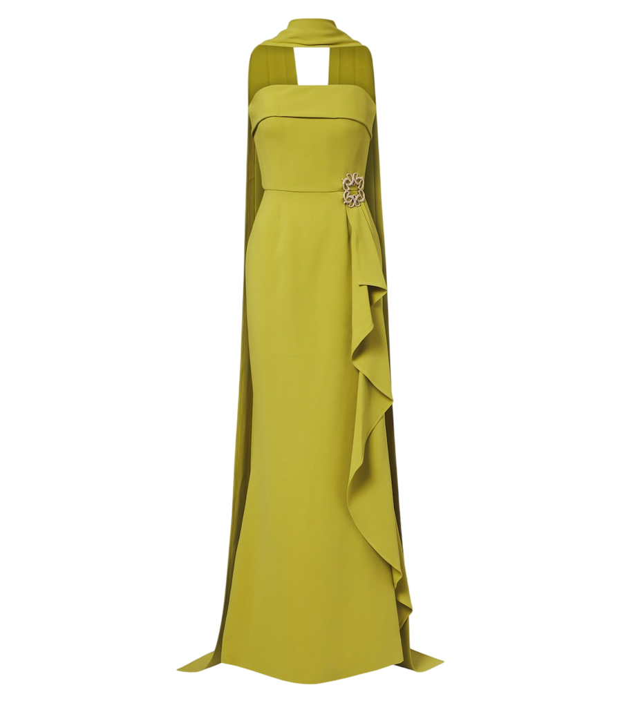 Robe longue drapée en cady ornée d'un détail foulard Elie Saab