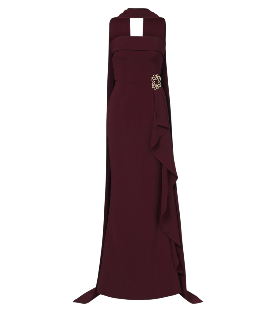 Robe longue en cady drapé ornée de détails foulard Elie Saab