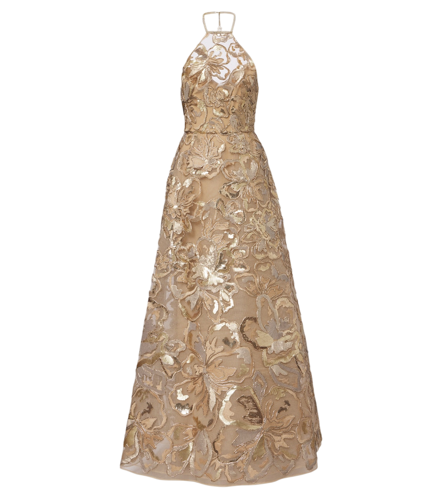 Elie Saab Abito lungo in tulle con paillettes e scollo all'americana
