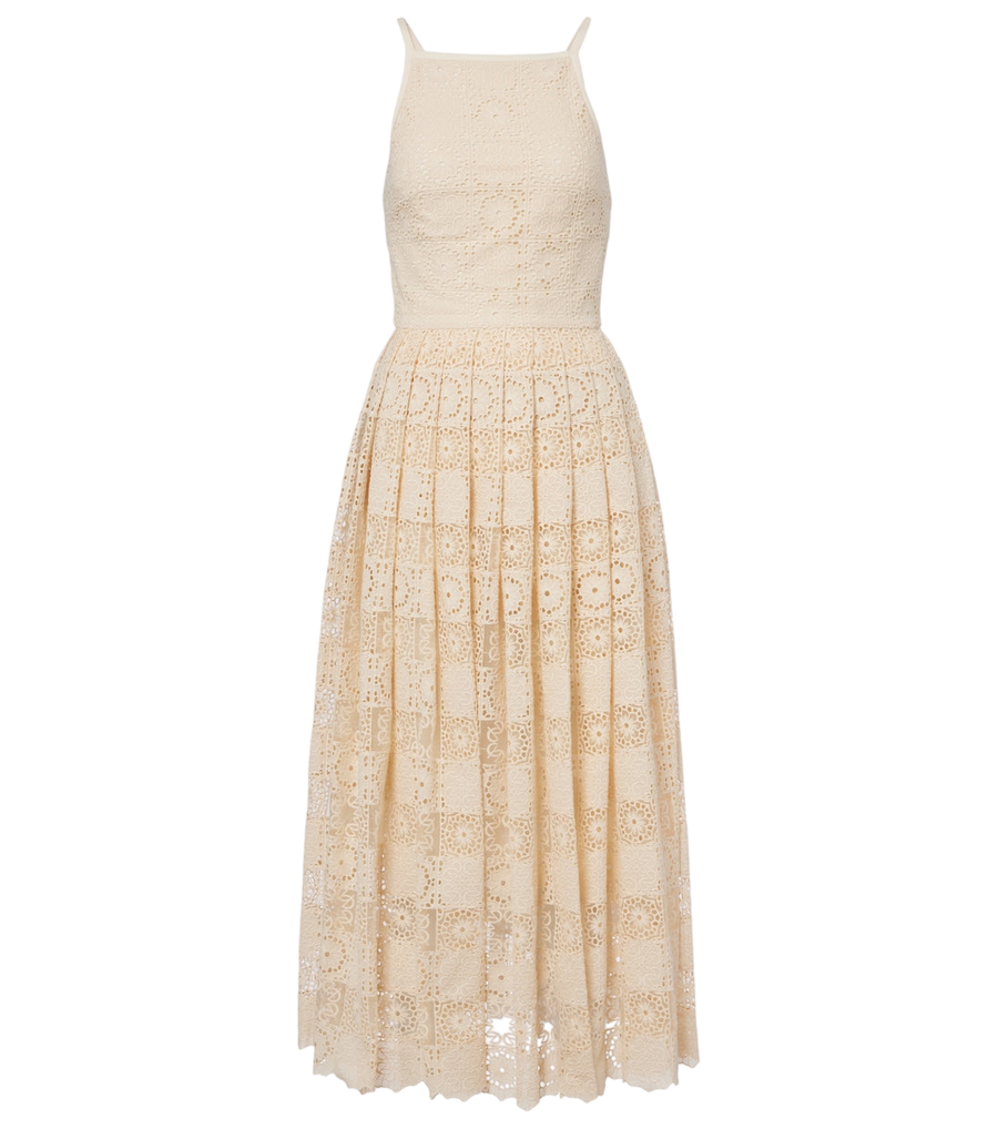 Vestido midi de encaje guipur en mezcla de seda y algodón de Elie Saab