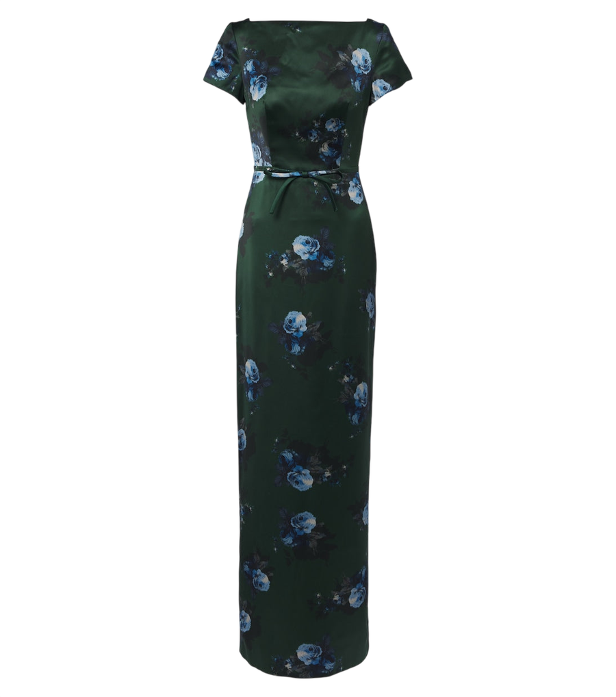 Vestido largo de satén duquesa con estampado floral y cinturón de Erdem
