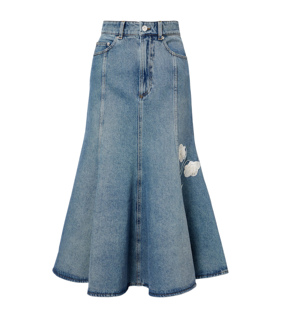 Erdem Floral-appliqué denim midi skirt