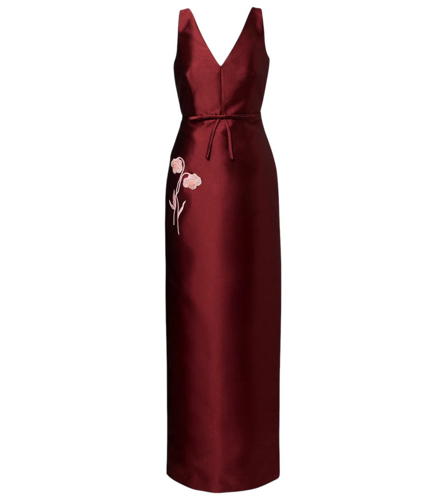 Vestido de satén con aplicaciones florales de Erdem