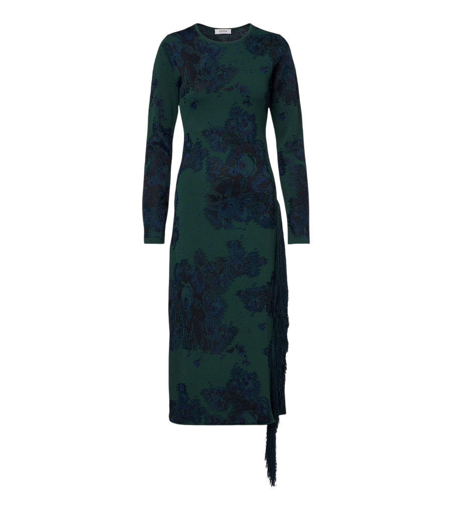 Robe midi en maille jacquard à franges et motif floral Erdem