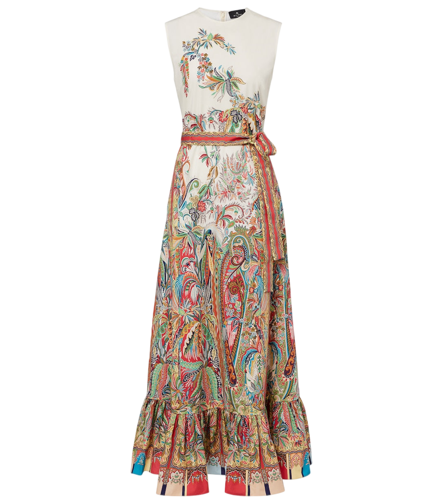 Vestido largo de algodón estampado con cinturón Etro