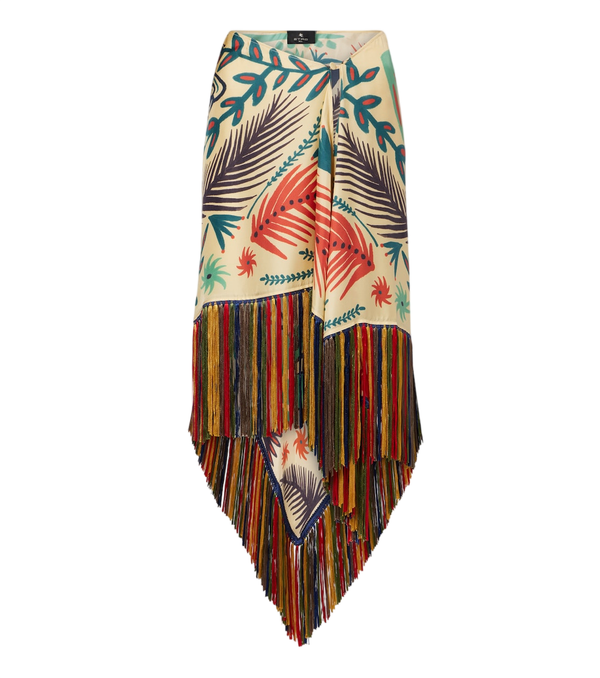 Etro Fringed printed asymmetric silk midi skirt