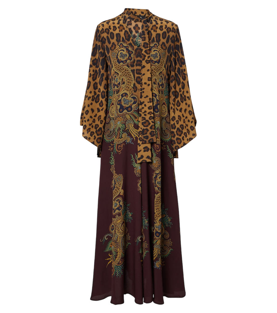 Etro Leopard-print tie-neck silk maxi dress