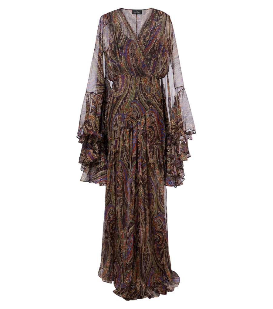 Etro Vestido comprido em crepon de mistura de seda paisley com folhos