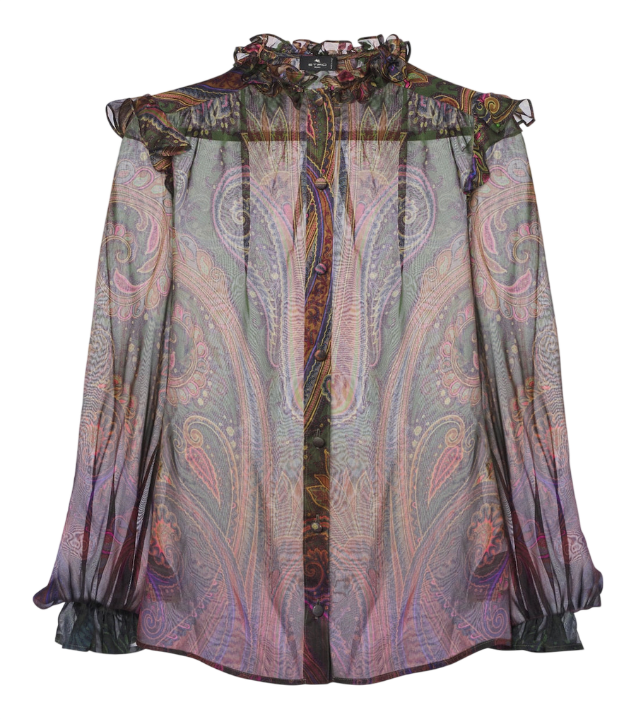 Camisa de chifón de seda con volantes y estampado Paisley de Etro