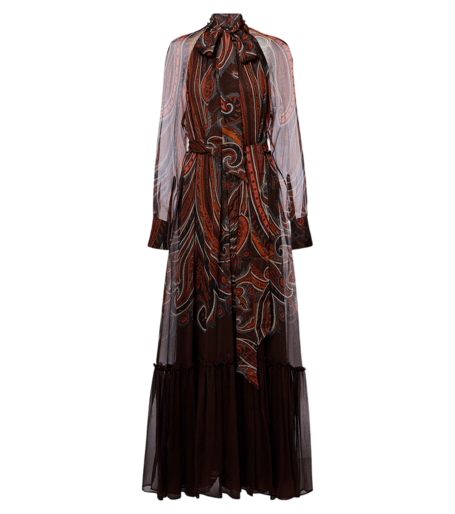 Maxivestido de seda con cuello lazada y estampado Paisley de Etro