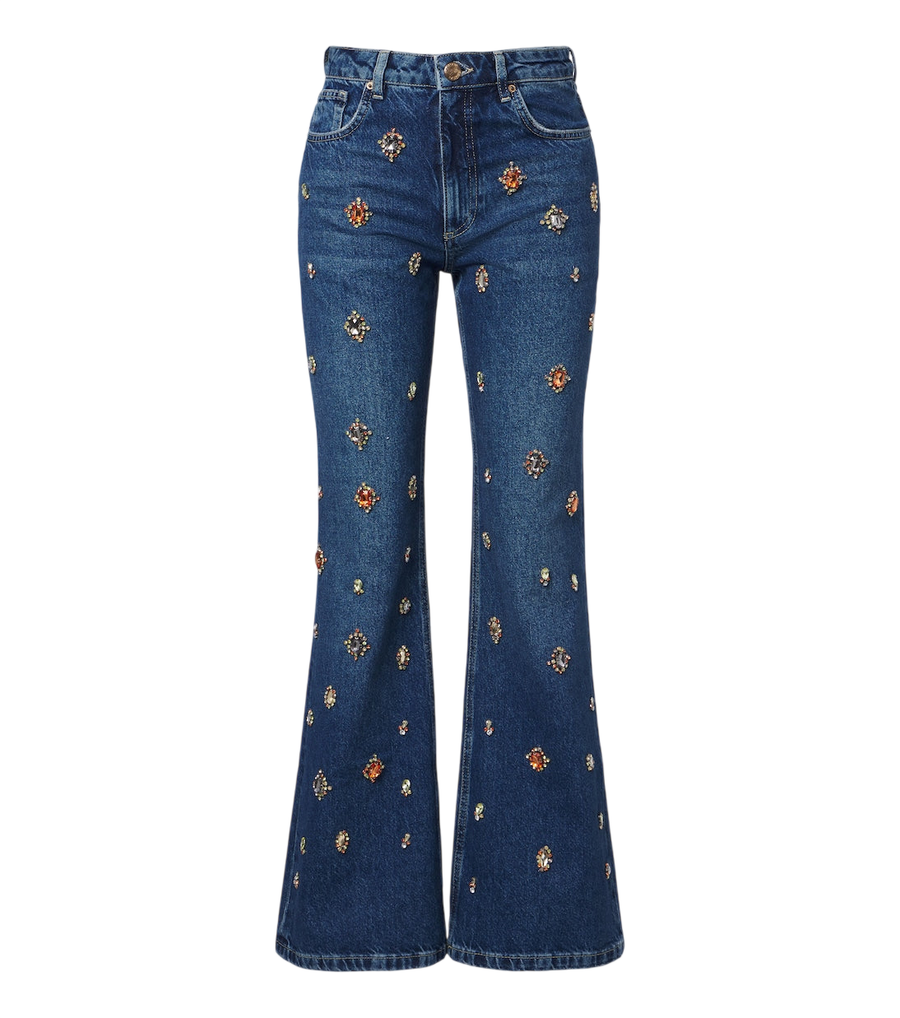 Jeans acampanados con adornos de cristales de Farm Rio
