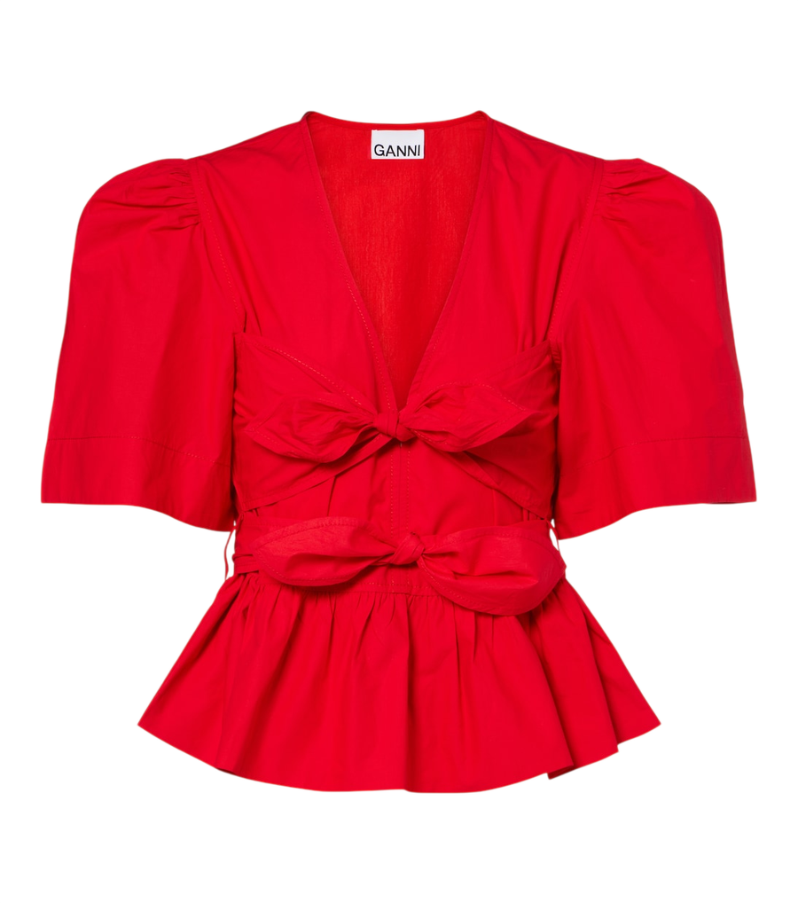 Blouse en popeline de coton à détails nœuds Ganni