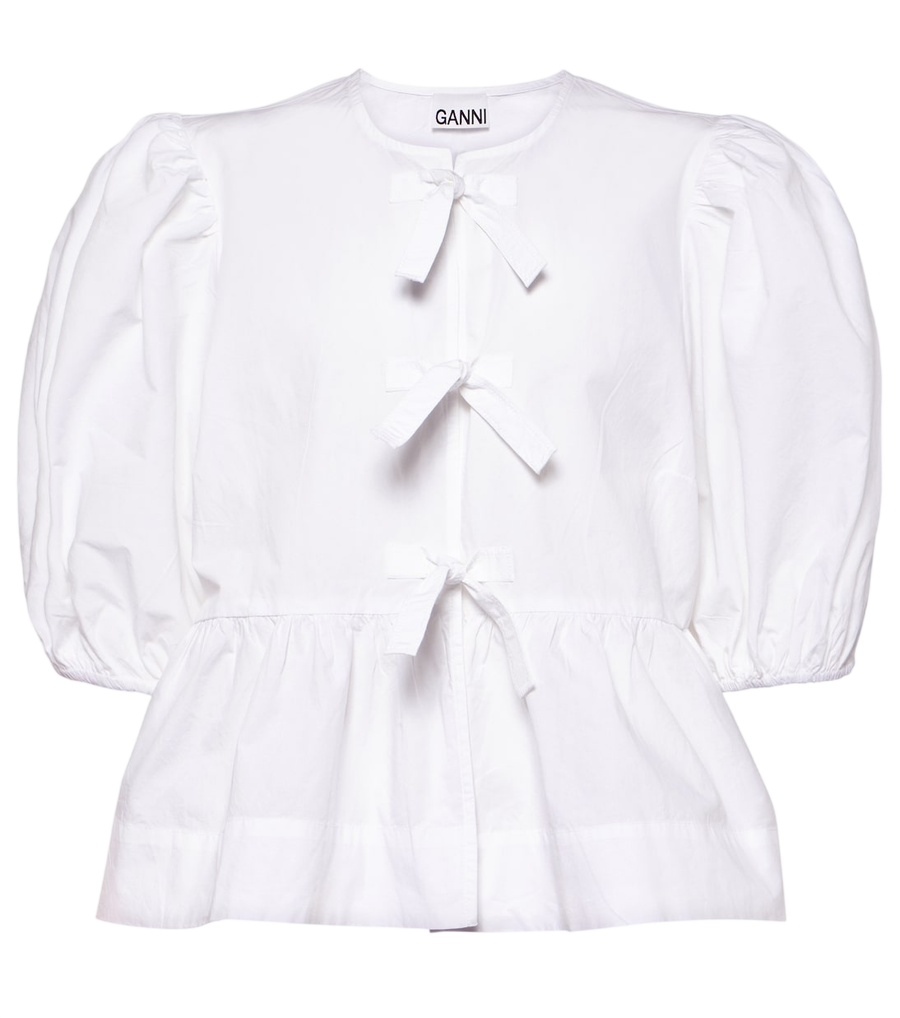Ganni Bow-detail cotton poplin blouse