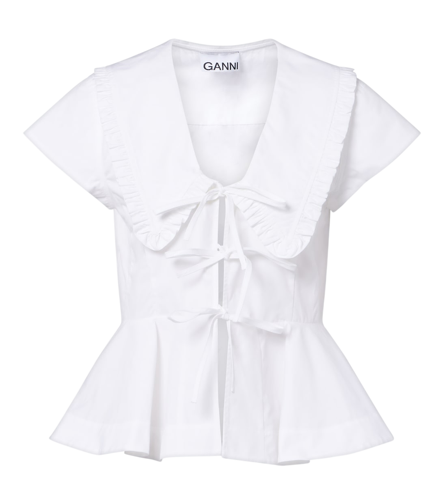 Ganni Bow-detail peplum cotton poplin blouse