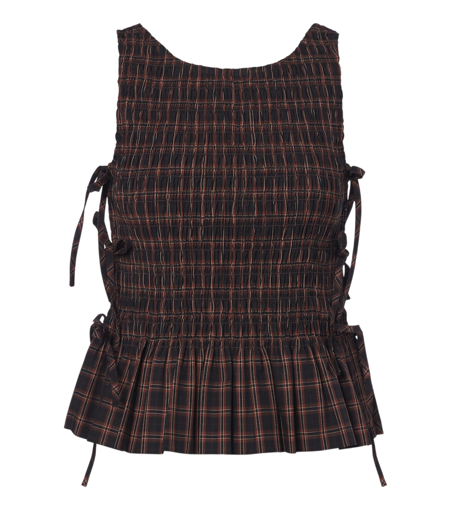 Ganni Checked shirred cotton top