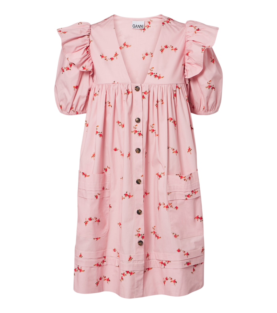 Ganni Floral ruffled cotton-blend poplin minidress