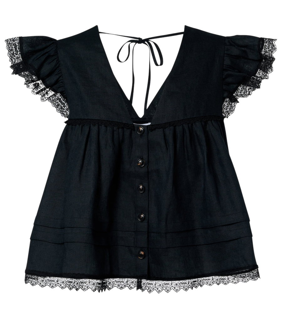 Ganni Lace-trimmed linen top