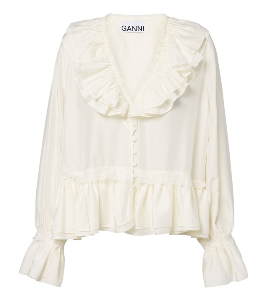 Blusa con volantes y ribete de encaje de Ganni