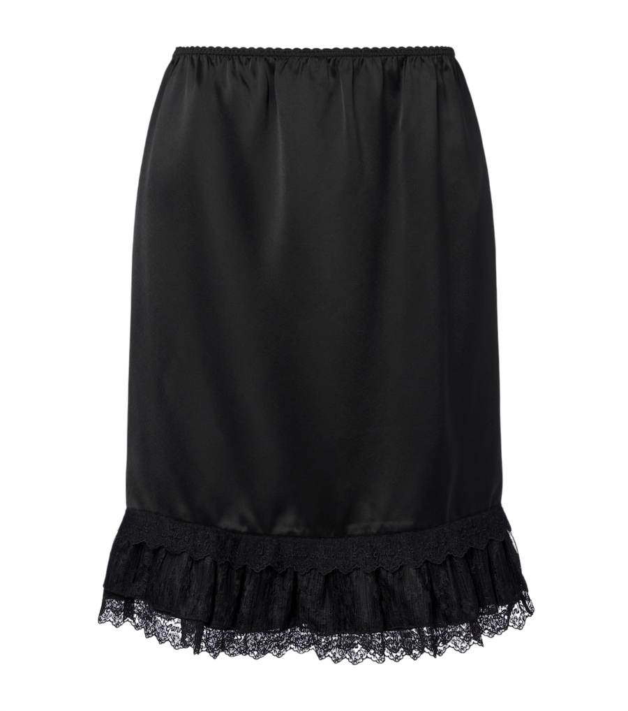 Ganni Lace-trimmed ruffled satin midi skirt