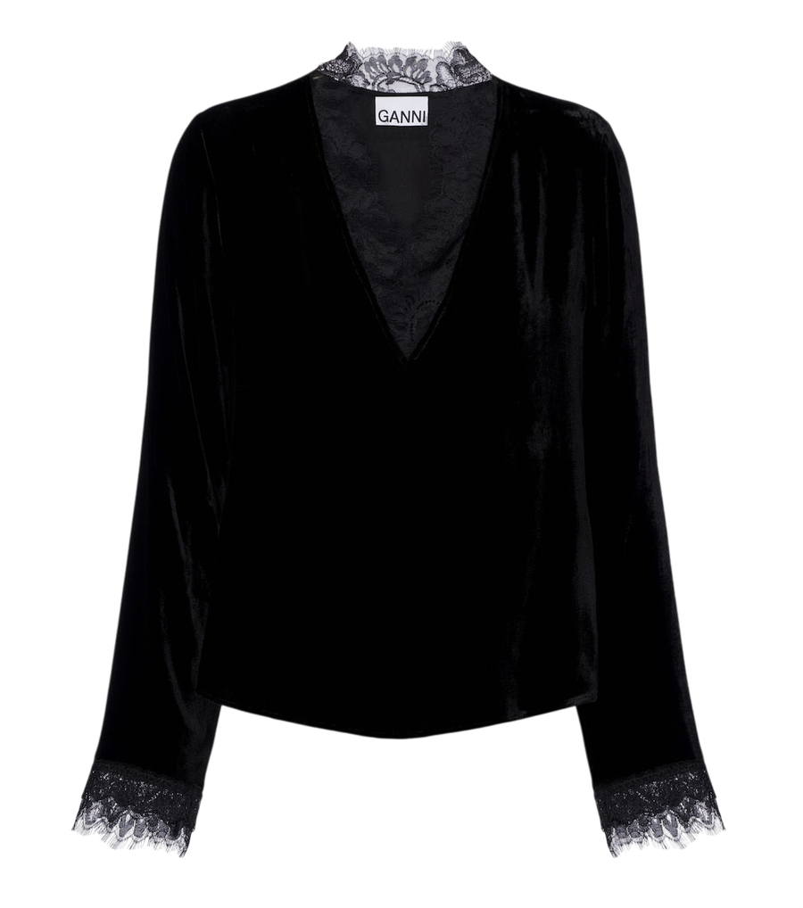Ganni Blusa de veludo com acabamento em renda