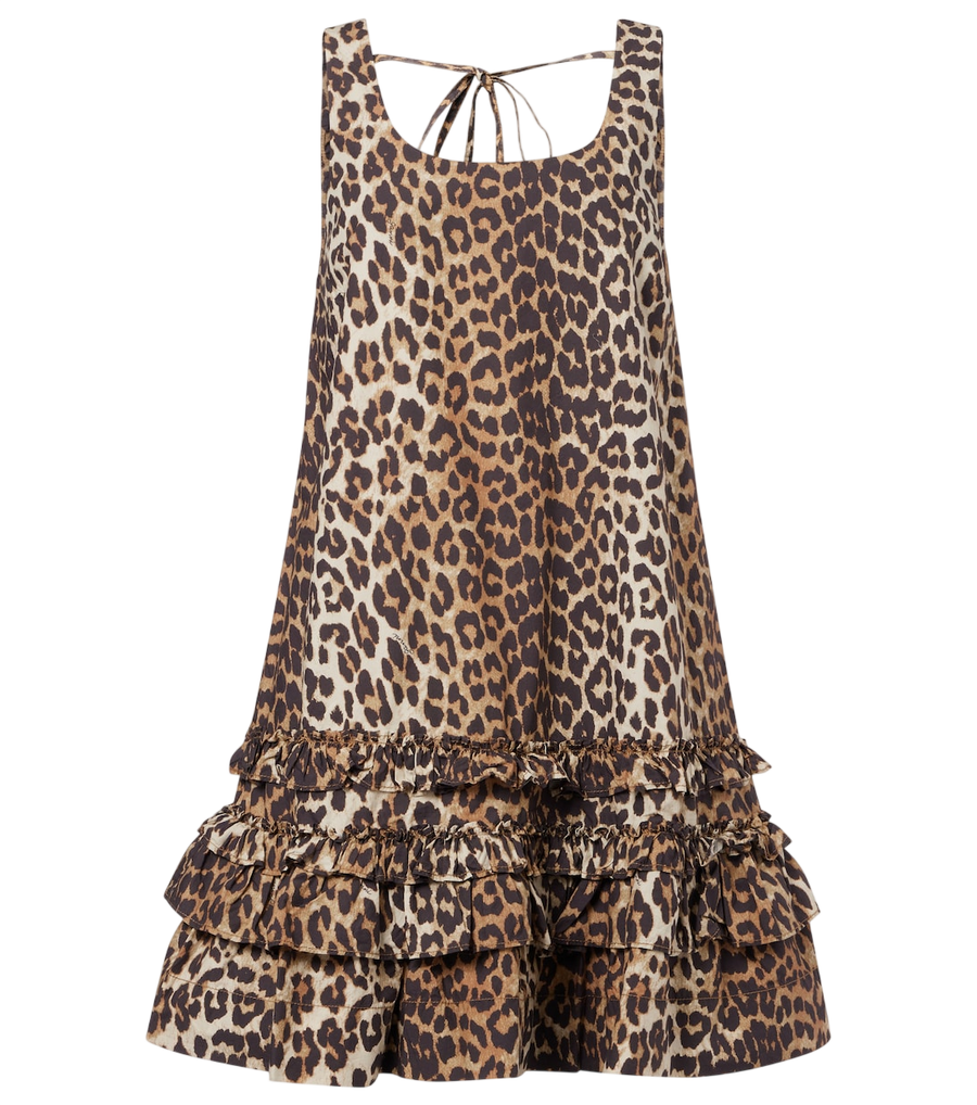 Ganni Leopard-print ruffled cotton poplin minidress