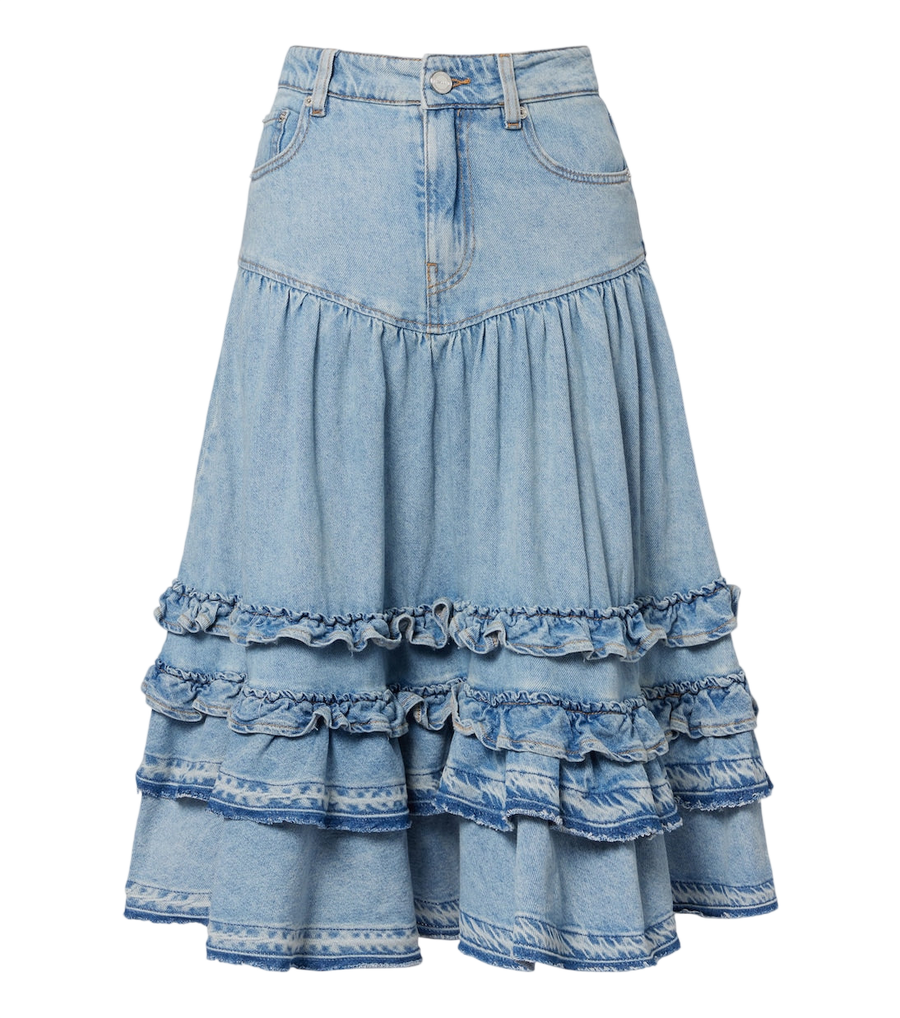 Ganni Gonna midi in denim con volant