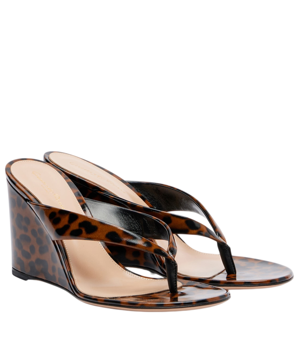 Gianvito Rossi Leopard-print leather wedge thong sandals