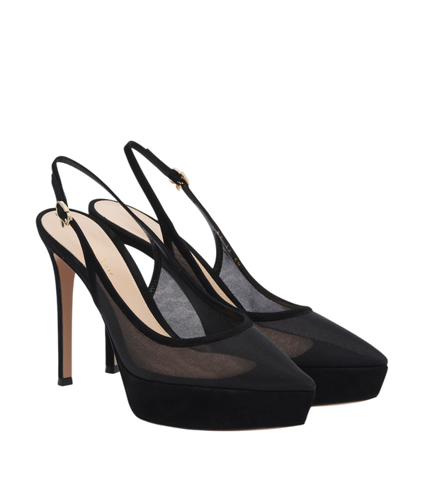 Zapatos de salón tipo slingback con plataforma de malla y detalles en ante de Gianvito Rossi
