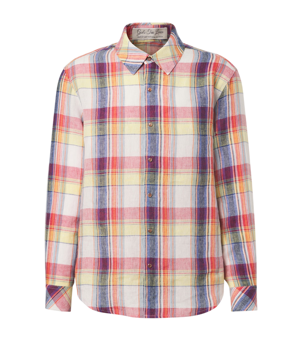 God's True Cashmere Daybreak plaid linen shirt with sunstone