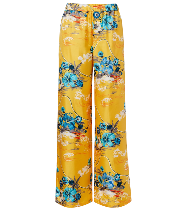 Pantalones anchos de sarga de seda con estampado floral de Gucci