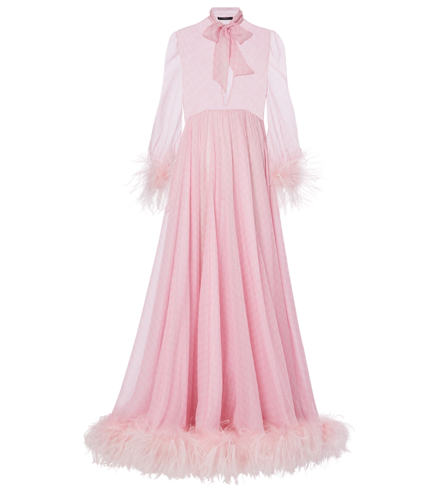 Gucci GG feather-trimmed silk chiffon gown