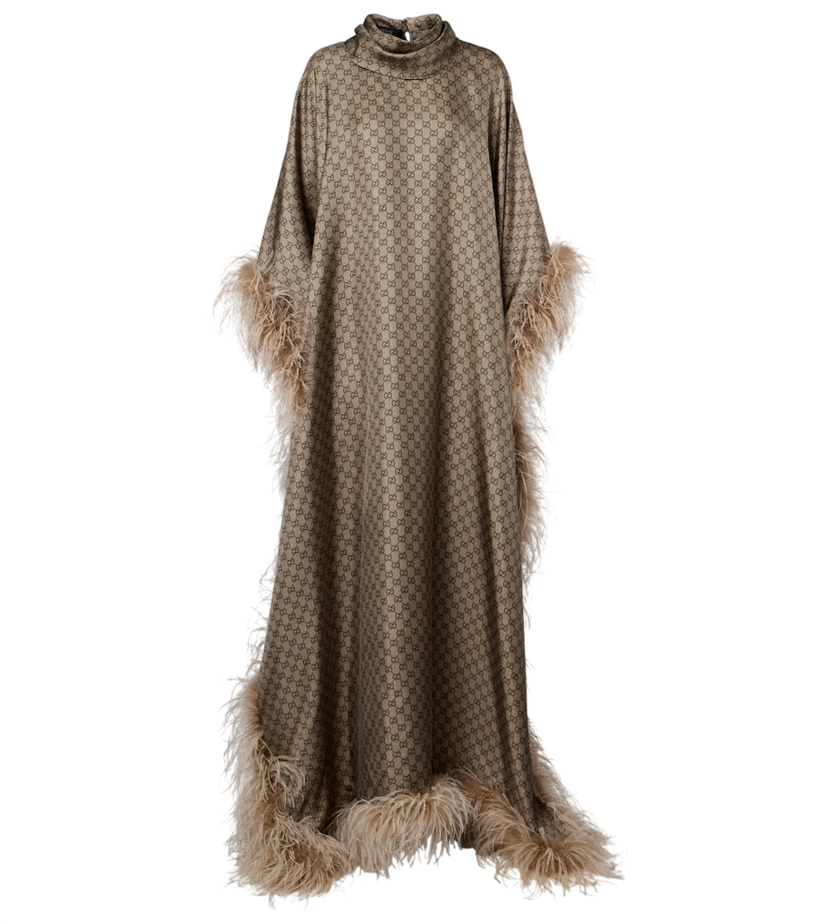 Gucci GG feather-trimmed silk twill kaftan