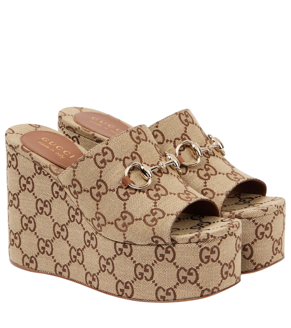 Gucci Horsebit GG Canvas wedge mules