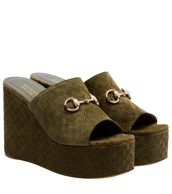 Gucci Horsebit GG suede wedge mules