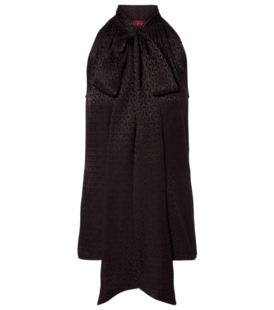 Top de seda jacquard con cuello lazada y detalle Horsebit de Gucci