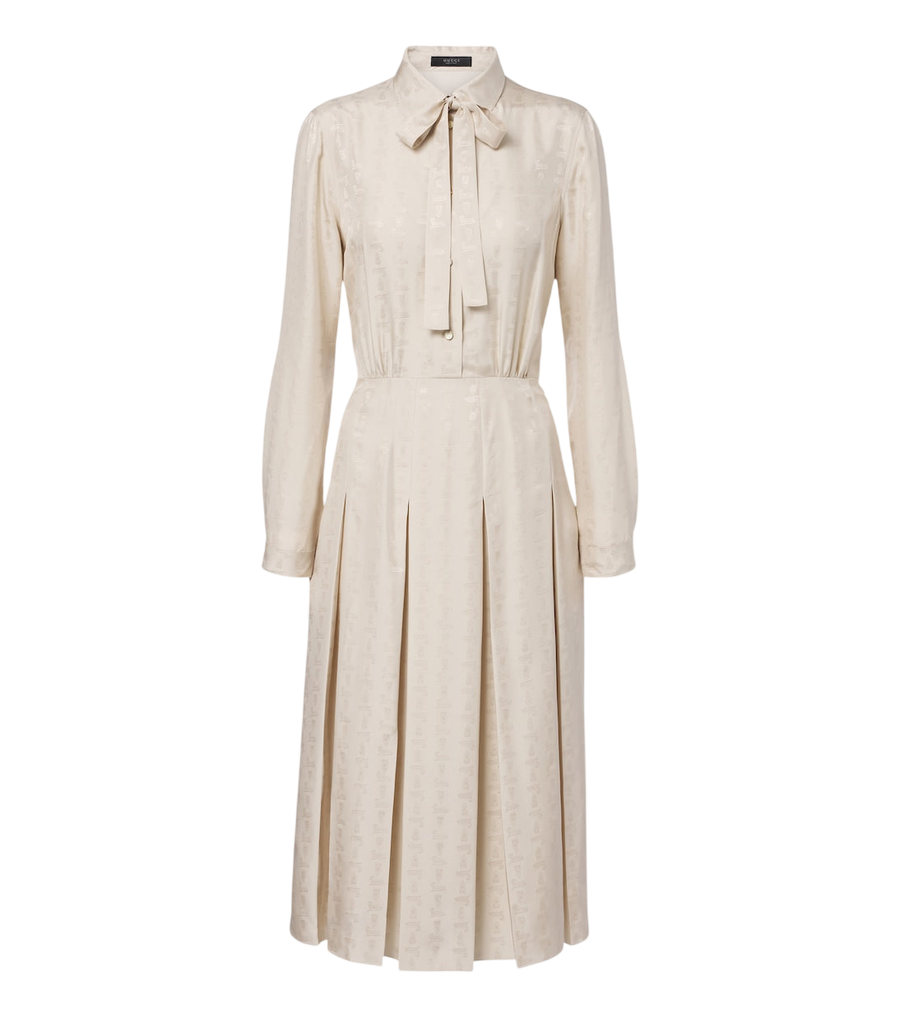 Gucci Vestido camiseiro plissado em jacquard de seda com laço no decote