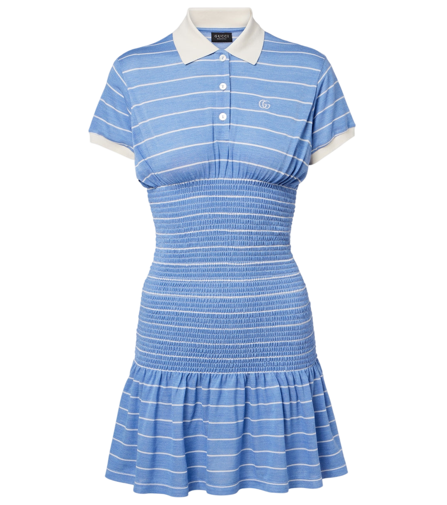 Robe polo en piqué de soie rayé froncé Gucci