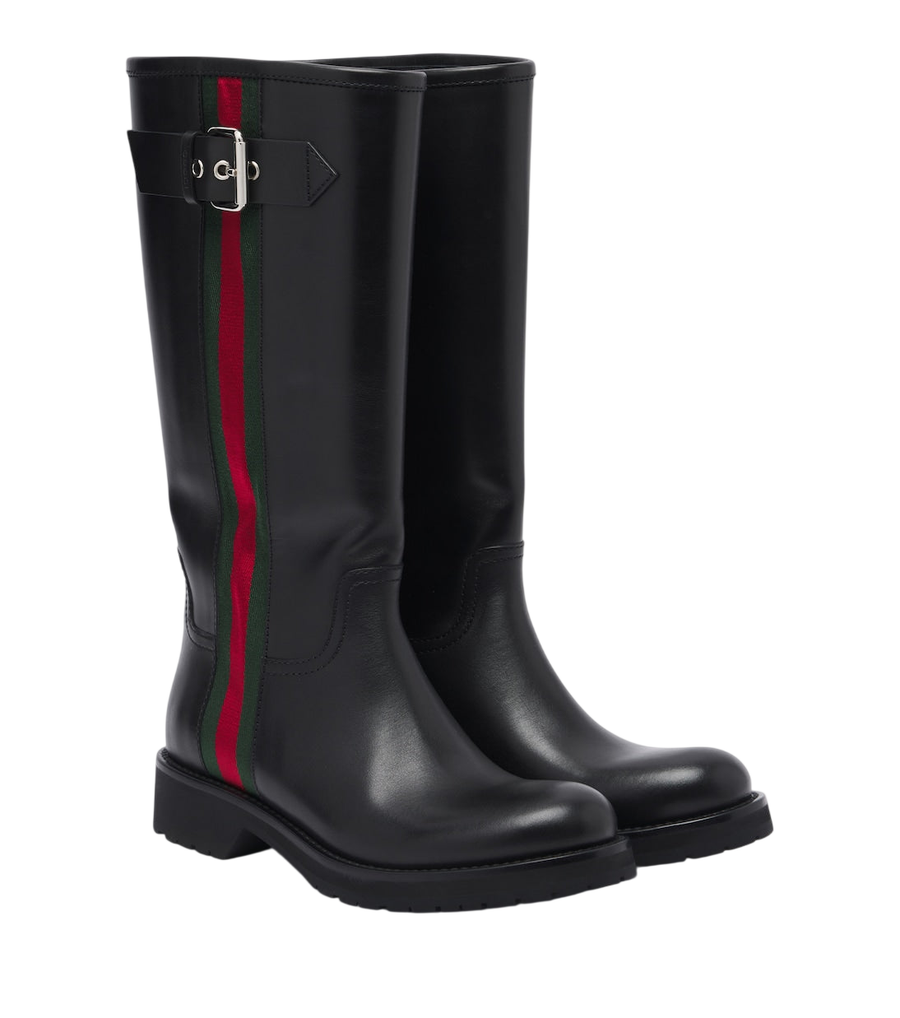 Gucci Web Stripe leather biker boots