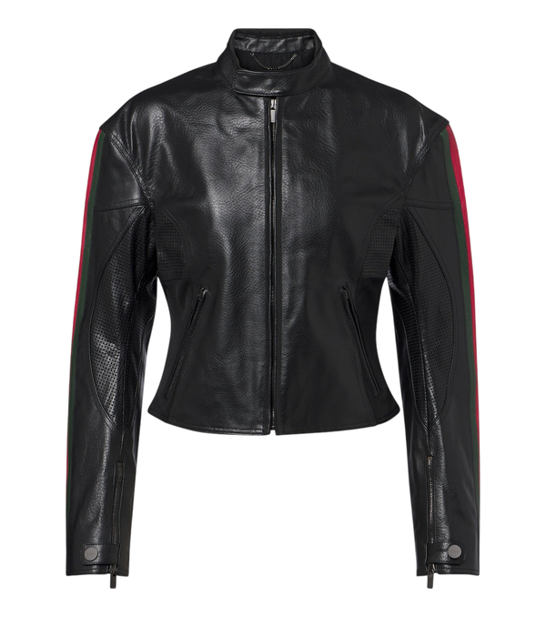 Gucci Web Stripe leather biker jacket