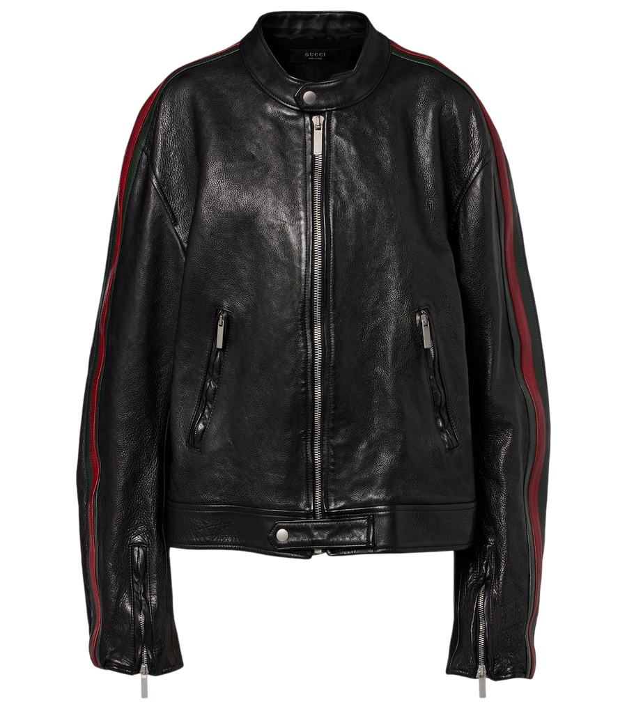 Gucci Web Stripe leather biker jacket
