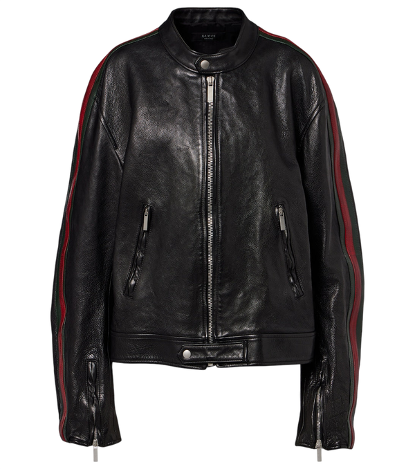 Gucci Web Stripe leather biker jacket