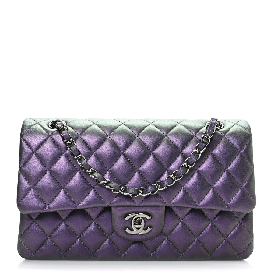 Chanel Iridescent Lambskin Quilted Medium Double Flap Dark Purple
