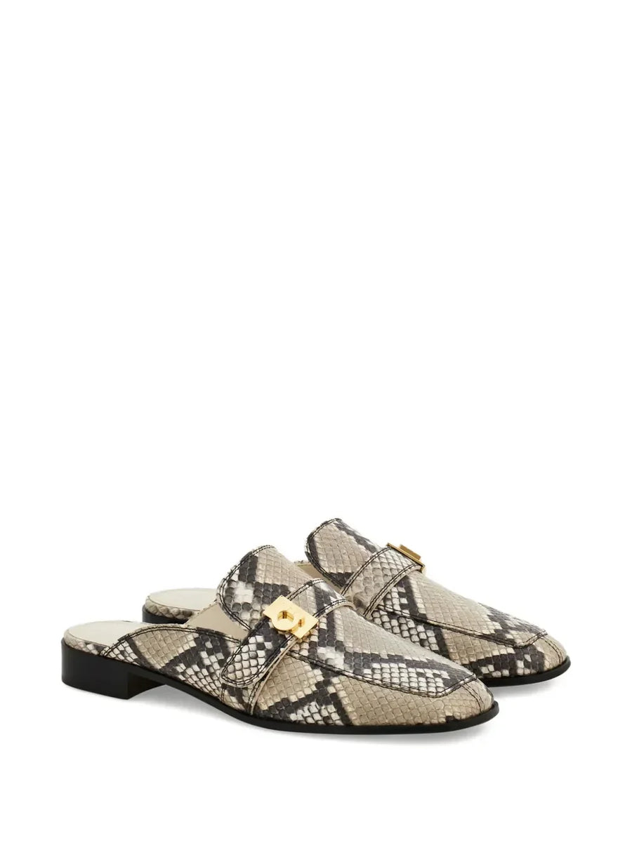 Ferragamo snakeskin buckle slip-on mules