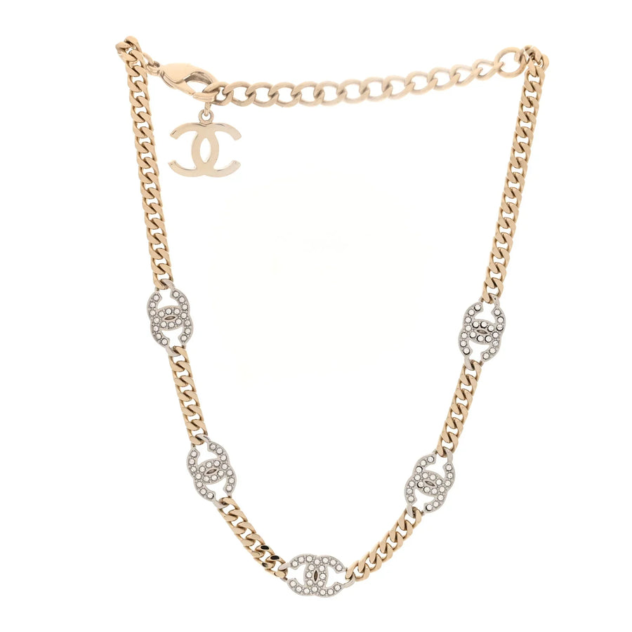 CHANEL  Crystal Chain CC Link Choker Gold Silver