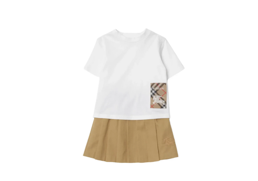 Burberry Check Label Cotton T-shirt With Pleated Cotton Blend Skirt