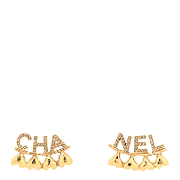 CHANEL  Crystal Heart Cha-Nel Logo Earrings Gold