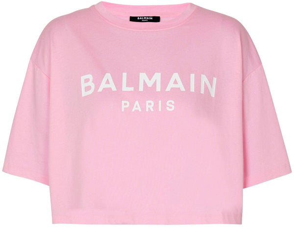 BALMAIN Eco-responsible cropped cotton T-shirt with Balmain logo print